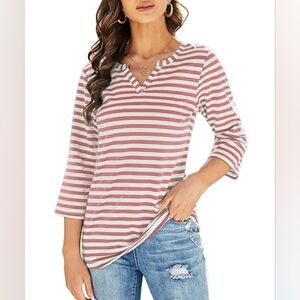 Women's Soft V-Neck Tunic Tops 3-4 Sleeve Striped Henley Shirts Blouses